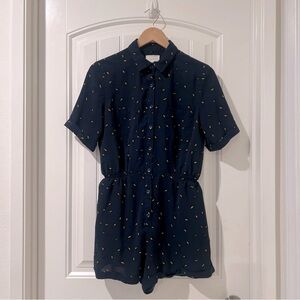 Melloday Elastic Waist Button Down Short Sleeves Collared Floral Navy Romper S